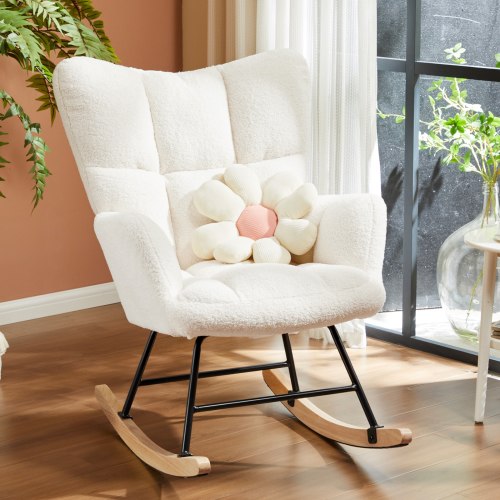 GIANNA Rocking Chair Nursery, Teddy Upholstered Glider Rocker with High Backrest, Reading Chair Modern Rocking Accent Chairs Glider Recliner, Beige