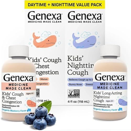 Genexa Kids' Day & Night Cough Combo Pack | Childrens Liquid Daytime Cough & Chest Congestion Relief | Nighttime Cough Suppressant + Runny Nose & Sneezing Relief for Kids 6+ | Blueberry Flavor, 4 FLOz