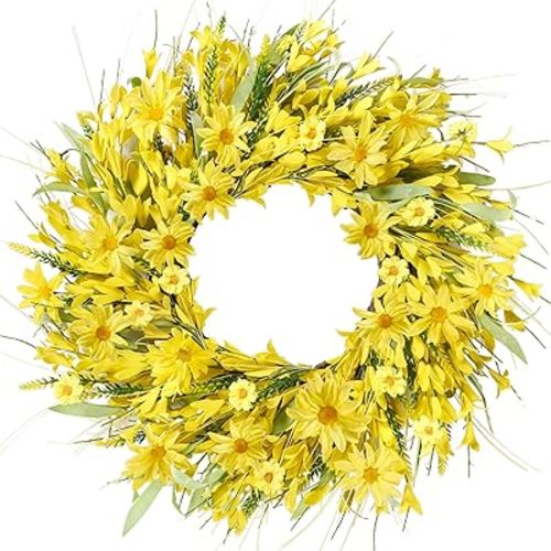 Sggvecsy Spring Wreaths for Front Door 21 Inches Artificial Forsythia Flower Wreath Summer with Yellow Daisy Lavender Green Leaves Silk Floral for Wall Home Indoor Outdoor Decor