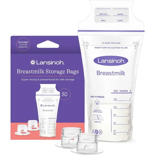 Lansinoh Breastmilk Storage Bags, 50 Count with 2 Pump Adapters, Easy to Use Breast Milk Storage Bags for Feeding, Presterilized, Hygienically Doubled-Sealed for Freezing & Refrigeration, 6 Ounce
