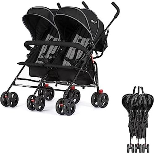 Volgo Twin Umbrella Stroller in Black, Lightweight Double Stroller for Infant & Toddler, Compact Easy Fold, Large Storage Basket, Large and Adjustable Canopy