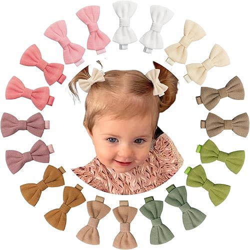 CÉLLOT 20Pcs Hair Clips Fully Lined 2 inch Bows Cotton and Linen Baby Hair Bows Hair Clips for Baby Girls Infants Toddlers and Kids