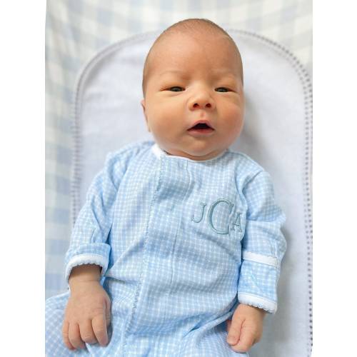 Baby Boy Coming Home Outfit-Pima Cotton Front Snap Footie-Blue Gingham-Monogrammed Footed Romper-Pima Cotton Baby-Hospital Outfit-Baby Gift