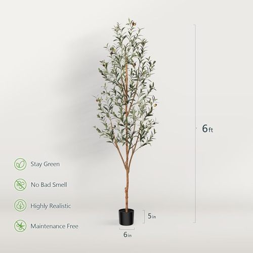 Kazeila Artificial Olive Tree 6FT Tall Faux Silk Plant for Home Office Decor Indoor Fake Potted Tree with Natural Wood Trunk and Lifelike Fruits - 1 - 6ft