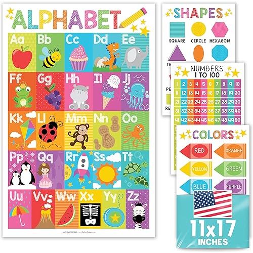 Hadley Designs Alphabet, Count 1-100 Numbers, Colors, 2D Shapes, ABC Posters For Toddlers Wall Art Decor for Kindergarten Classroom & Homeschool, 4 Laminated Colorful Educational Supplies 11x17