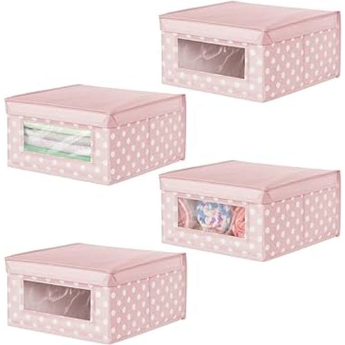 mDesign Medium Soft Stackable Fabric Baby Nursery Storage Organizer Holder Bin Box with Front Window and Lid for Child/Kids Bedroom, Playroom, Classroom - 4 Pack - Pink/White Polka Dot