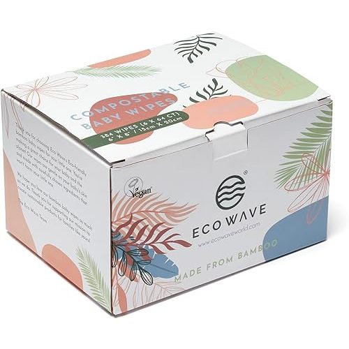 Eco Wave Baby Wipes, 100% Compostable Eco-Friendly Bamboo Wipes, Unscented, Hypoallergenic, Vegan, Alcohol-Free, Suitable For Sensitive Skin (Pack of 4)