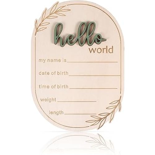 Baby Announcement Sign, 5.91x4.13 Inch Wooden Hello World Baby Name Sign Newborn Announcement Sign Birth Announcement Plaque for Home Hospital Nursery