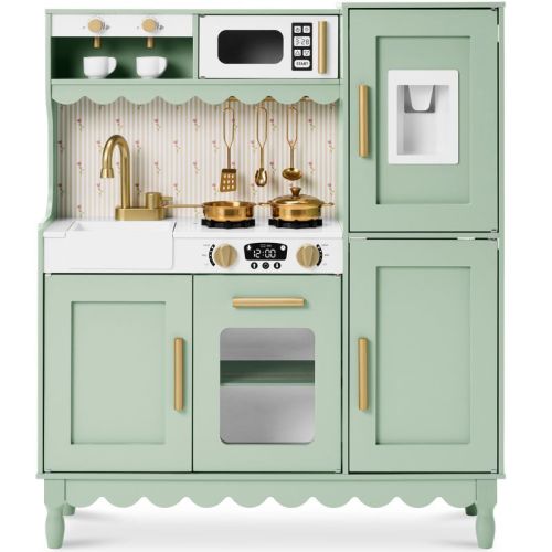 Best Choice Products Wooden Cottage Kids Pretend Play Kitchen with 11 Accessories, Espresso Machine - Sage