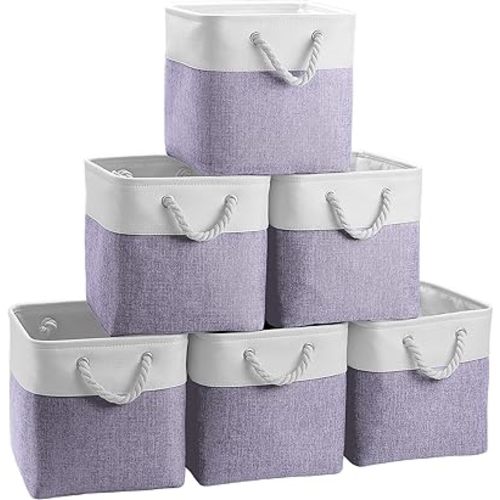 Large 11x11 Inch Cube Storage Bins with Cotton Handles for Closet, Shelves, Clothes, Toys, Towel (White/Purple-6 Pack)