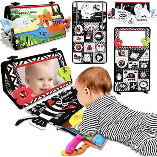 Tummy Time Mirror Newborn Toys: Black and White Infant Tummy Time Toys 0-3 0-6 6-12 Months Babies High Contrast Baby Toy with Baby Book & Teethers Montessori Sensory Floor Toy for Boy Girl Baby Gifts