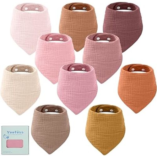 Yoofoss Muslin Baby Bibs 10 Pack Bandana Bibs 100% Cotton 6-Layer Soft Absorbent Drool Bibs for Boys and Girls, Gradient Pink