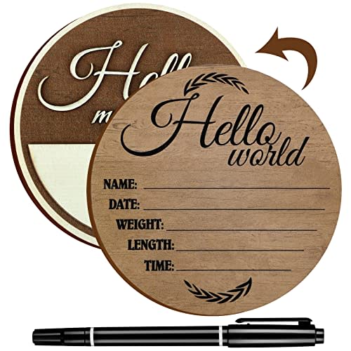 Namalu Hello World Baby Announcement Sign Birth Announcement Sign for Hospital Wooden Newborn Name Plaque with Marker Pen or Baby Name and Birth Detail, 5.9 Inch(Brown)