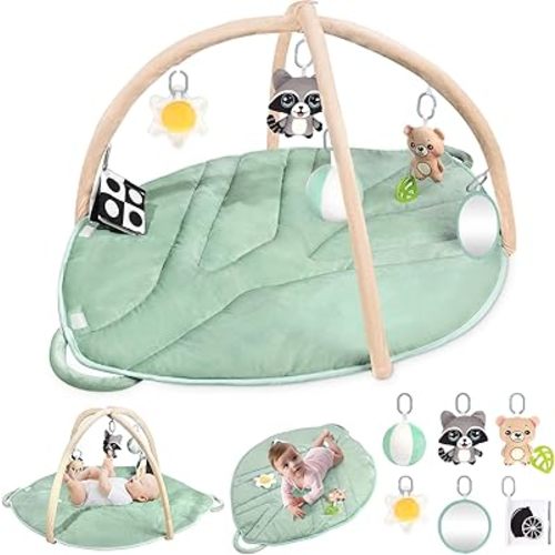 Baby Play Mat,Oversize Baby Tummy Time Mat for Sensory & Motor Skill Development Tree&Leaf Shaped Baby Activity Mat with 6 Detachable Sensory Toys Baby Play Gym Mat with Diaper Area (Sage Green)