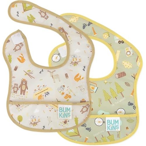 Bumkins Bibs, for Baby Girl or Boy, Infant 3-9 Months, Essential Must Have for Eating, Feeding, Baby Led Weaning Supplies, Mess Saving Waterproof Soft Fabric, Starter Bib 2-pk Camp Gear Green