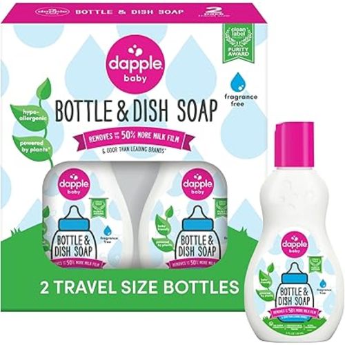 Dapple Baby Bottle Soap, Hypoallergenic Dish Soap for Baby Bottles, Powered by Plants, Travel Size, Fragrance Free, 3 Fl Oz (Pack of 2)