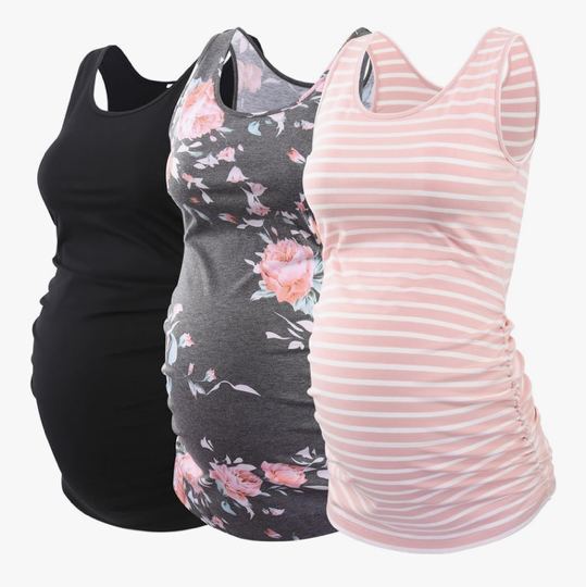 Ecavus 3PCS Womens Layering Maternity Tank Top Pregnancy Shirt Scoop Neck Sleeveless Ruched Vest