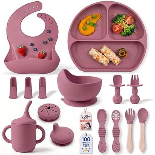 Remonda 17-Piece BPA-Free Baby Silicone Feeding Set | Extra Large Suction Plates, Toddler Bowls, Self Feeding Spoons, and More | Dishwasher Safe| Infant Led Weaning Supplies (Red）A