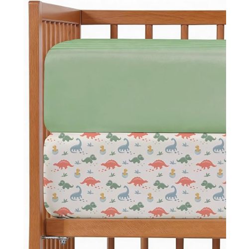 Baby Crib Sheets for Boys & Girls - Pack of 2 Fitted Microfiber Crib Sheets for Standard Crib & Toddler Mattress - Soft, Breathable & Wrinkle Free - Machine Washable, Oeko Tex - 52x28x8in - Dino Land