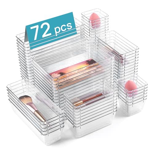 Vtopmart 72 PCS Clear Plastic Drawer Organizers Set, 4-Size Versatile Bathroom and Vanity Organizer Trays, Non-Slip Storage Containers for Makeup, Jewelries, Bedroom,Kitchen Utensils and Office