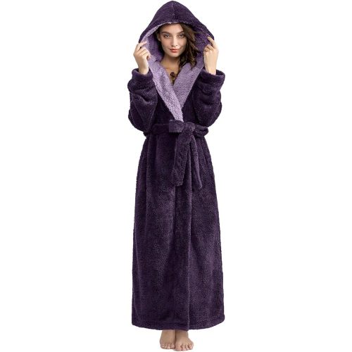 Hellomamma Long Hooded Robe for Women Luxurious Flannel Fleece Full Length Bathrobe Winter Warm Pajamas Shower Nightgown