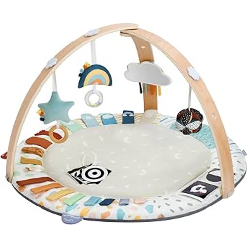 Blissful Diary Baby Play Gym, 5 Developmental Zones Baby Activity Mat, Wooden Baby Tummy Time Mat w 5 Detachable Sensory Toys for Motor Skills & Sensory Development, Newborn Essential Baby Shower