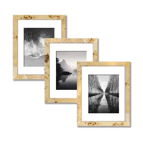 3 Pack Burlwood Wood Photo Frame Picture Frame Burl Wood Picture Frames-NATURAL FINISH Picture Frames for Family Photos - Elegant Wallhung and Tabletop Decor in Bulk (16x20 matted to 11x14)
