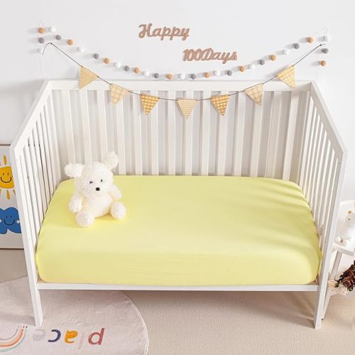2 Pack Muslin Cotton Crib Fitted Sheets 24x38, Soft and Breathable Double Layer Baby Crib Fitted Sheets for Mini Crib and Toddler Mattress, Boys Girls Unisex, Light Yellow
