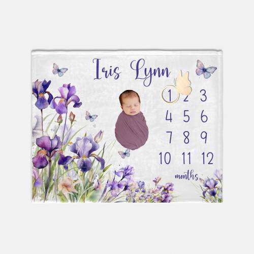 Iris Milestone Blanket, Iris Monthly Blanket, Butterfly Floral Blanket, Baby Shower Gift, Baby Girl Milestone Blanket, Irises Blanket F98