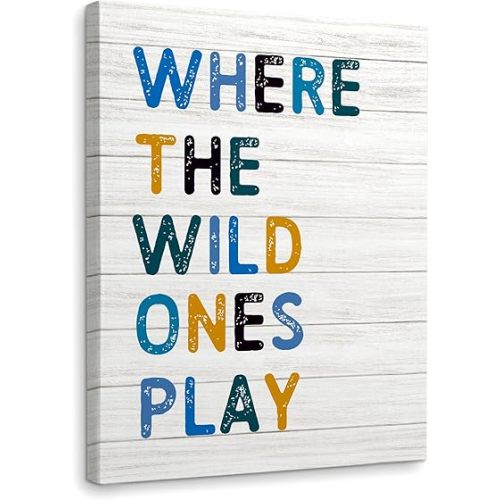 WODMIS Play Room Wall Decor,Kids Where The Wild Ones Play Framed Canvas Wall Art Decor 11×14,Play Sign,Colorful Play Room Art Painting Artwork Wall Playroom Nursery Toddler Kids Room Decoration Prints Decor (blue, 11x14)