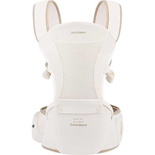Bebamour Baby Carrier Safety-Certified Hip Seat Baby Carrier Newborn to Toddler Baby Hipseat 0-36Months with Head Hood, 3 PCS Teething Pads, Waist Extender & Storage Bag (New Khaki)