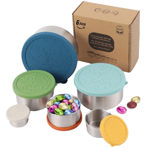 Alpine Elevation 12 Pcs - 6 Stainless Steel Containers + 6 Silicone Lids | 304 Stainless Steel Snack Container | Nesting Snack and Dip Containers | Metal Food Storage