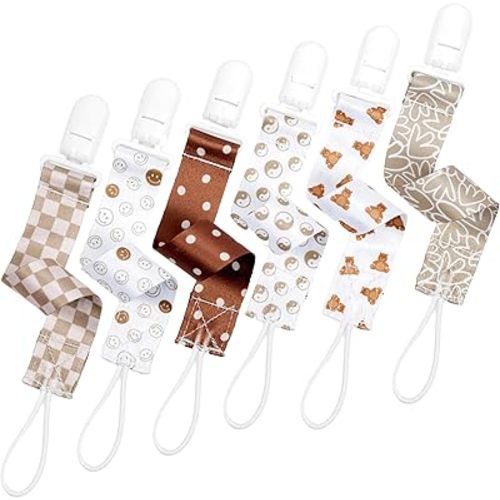 Neutral Pacifier Clip Set, 6 Pack Pacifier Holder Clip for Boys and Girls, Stylish and Practical Baby Binky Teethers, Baby Shower (Balanced Bears)