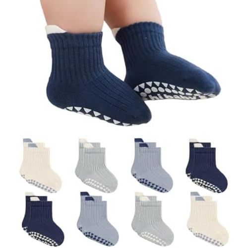 Toddler Non Slip Socks with Grips, 8 Pairs Cotton Ankle Socks for Baby Boys Girls Infants Kids 0-5 Years Old