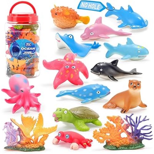 Baby Bath Toys for Toddlers, No Hole Ocean Animals Toys, Bathtub Toys for Boys and Girls (14 Pcs with Storage Box)