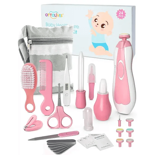 OTTOLIVES Baby Healthcare and Grooming Kit, 24 in 1 Baby Electric Nail Trimmer Set Newborn Nursery Health Care Set for Newborn Infant Toddlers Baby Boys Girls Kids Haircut Tools (0-3 Years+) (Pink)