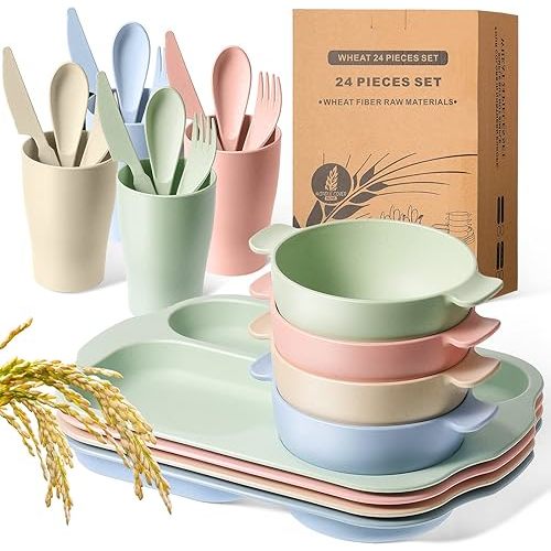 Honoson 24 Pcs Wheat Straw Dinnerware Cutlery Set Including Divided Plates Microwave Dishwasher Safe Bowl Unbreakable Tableware Straw Cutlery Spoon Knife Fork Cup(Beige/pink/green/blue)
