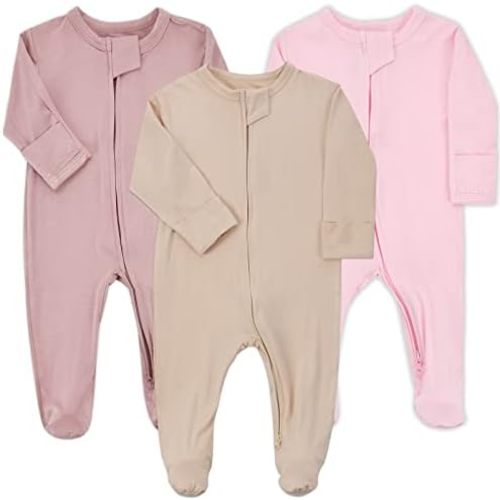 Aablexema Baby Zipper Pajamas Bamboo Rayon, 3pcs Unisex Infant Onesie with Mitten Long Sleeve Footed Pjs
