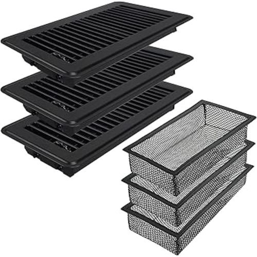 Floor Register 3 Pack, 4" x 10" (Duct Opening Size) Easy Adjust Vent Deflector Metal Reinforced Weld, Black