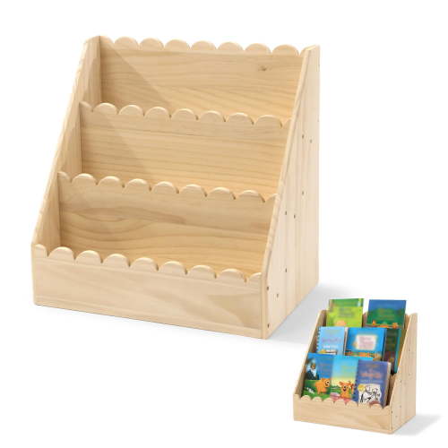 BALAPET Scalloped Book Shelf for Kids, 3-Tier Wooden Bookshelf Perfect Height for 1-5 Years Toddler, Durable Bookcase Book Organizer for Nursery Room(Wooden,16.5 * 16.5 * 10.6in)