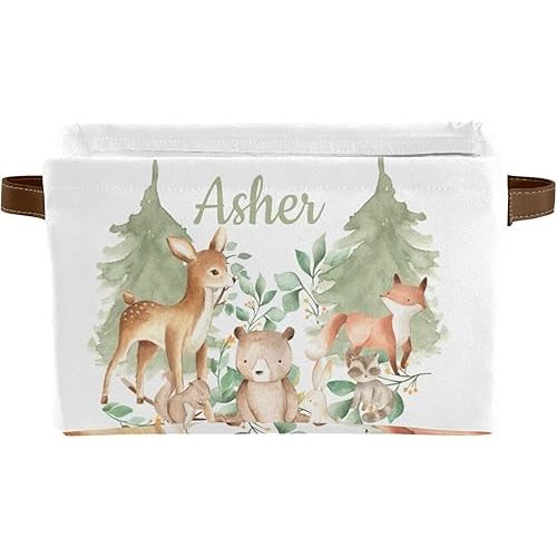 Deven Woodland Animals Personalized Large Storage Baskets for Organizing Shelves with Handle,Closet Decorative Storage Bins for Toy, Bathroom,Nursery,Home 1 Pack