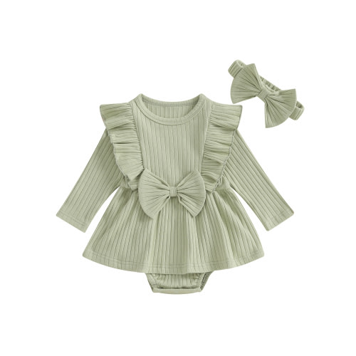 Lieserram Newborn Baby Girl Romper Dresses, 0 3 6 9 12 18 Months Long Sleeve Solid Color Crew Neck Bow A-line Skirt Bodysuit with Headband Clothes
