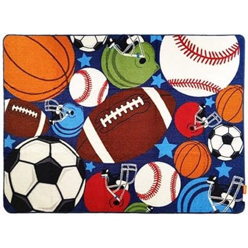 HUAHOO Blue Kids Rug Fun Sport Rugs Nylon Carpet Boys Girls Childrens Rug Balls Print with Soccer Ball, Basketball, Football, Tennis Ball Bedroom Playroom 51'' x 75''