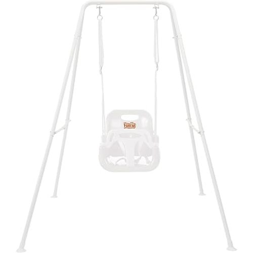 FUNLIO Baby Swing with Foldable Metal Stand for Toddlers Aged 1~10 Years, 3-in-1 Toddler Swing Set with 4 Sandbags for Backyard, Kids Swing Set for Indoor/Outdoor Play, Easy to Assemble & Store, White