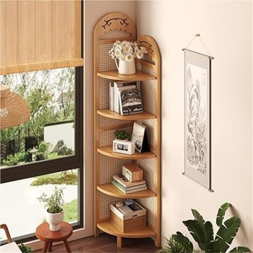 5 Tier Rattan Corner Shelf, Standing Shelf Organizer, Freestanding Corner Bookshelf, Bamboo Plant Stand, Balcony Decorations for Apartment, Wall Corner, Living Room, Bedroom(Natural)