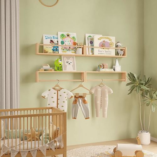 Fixwal Nursery Book Shelves, 16.5 Inch Floating Bookshelves for Nursery Decor & Playroom Decor, Set of 4, Solid Wood Wall Mounted Shelves for Books, Toys and Decor Storage (Natural Wood)