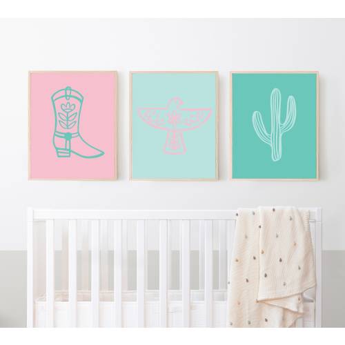Cowgirl Nursery Decor Bundle, Boho Turquoise Baby Girl Room Decor, Western Nursery Gallery, Desert Cactus Nursery Print, Cowboy Boot Sign,