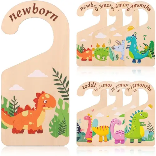 8pcs Baby Closet Dividers, Wooden Dinosaur Theme Baby Closet Size Dividers Baby Closet Organizer Baby Clothing Hanger Dividers from Newborn to Toddler for Baby Girls Boys