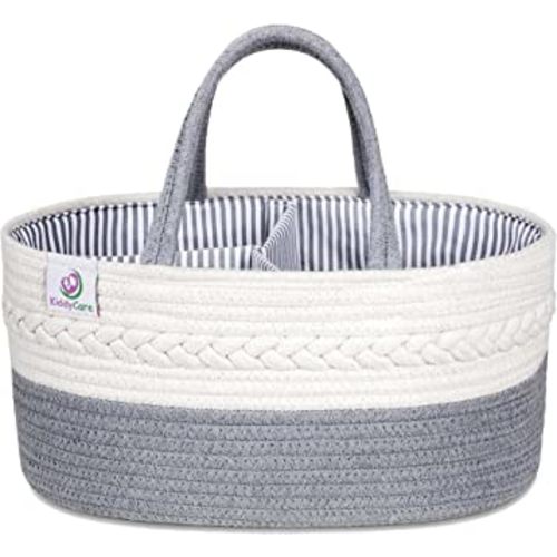 KiddyCare Woven Diaper Caddy Basket with Handle Lid | Diaper Caddy Basket with Dividers for Baby Boy/Girl, Diaper Tote Bag for Bady Storage for Car | Nursery baby gift basket Caddy | Gray Regular