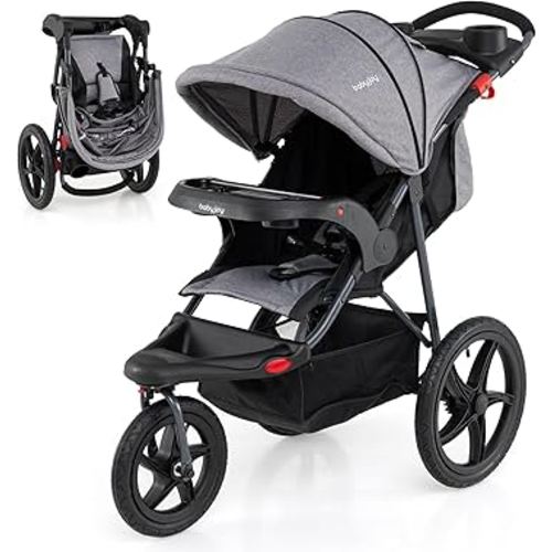BABY JOY Jogging Stroller, Foldable Jogger Stroller with Adjustable Canopy & Backrest, Air-Filled Tires, Child & Parent Tray, Cup Holders, Storage Basket, Running Stroller for Babies Toddlers (Gray)